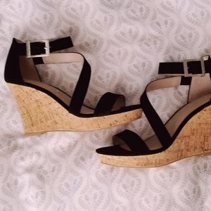 NEW Strappy Black Cork Wedges sz 8.5